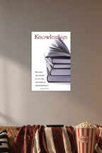 Knowledge and Wisdom Books Inspirational Quote in a cozy movie room above a brown sofa with popcorn.