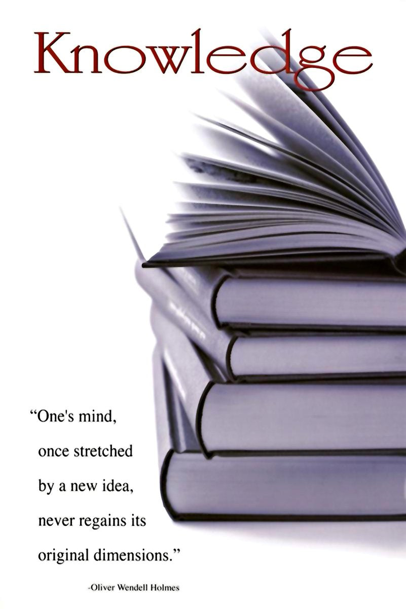 Knowledge poster features an open book over a stack of books, a red title, and an Oliver Wendell Holmes quote.