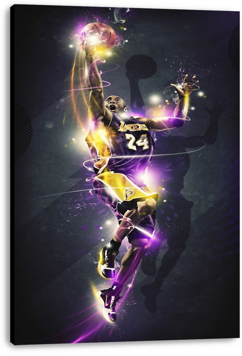 Kobe Bryant canvas wall art print presents the Lakers number 24 leaping toward the ball with glowing purple and gold effects.