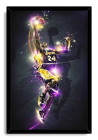 Kobe Bryant framed wall art print features the Lakers number 24 in a midair basketball pose against dark shadows and vivid purple light.