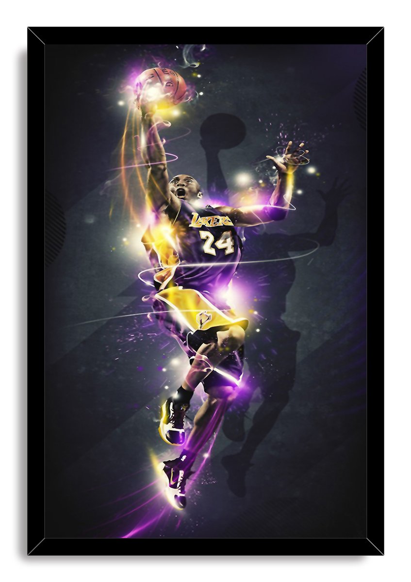 Kobe Bryant framed wall art print features the Lakers number 24 in a midair basketball pose against dark shadows and vivid purple light.