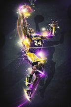 Kobe Bryant wall art print depicts the Lakers number 24 soaring with a basketball amid purple, gold, and white light trails.