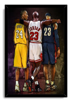 Kobe Bryant, Michael Jordan, and LeBron James framed wall art print with a black border, portraying their numbered jerseys in a bold digital sketch.