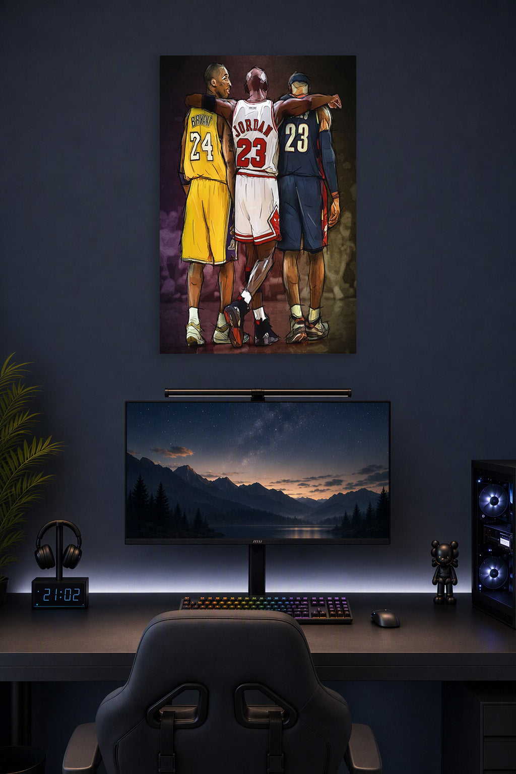Kobe Bryant Michael Jordan LeBron James Basketball Legends in a gaming desk setup above a monitor.
