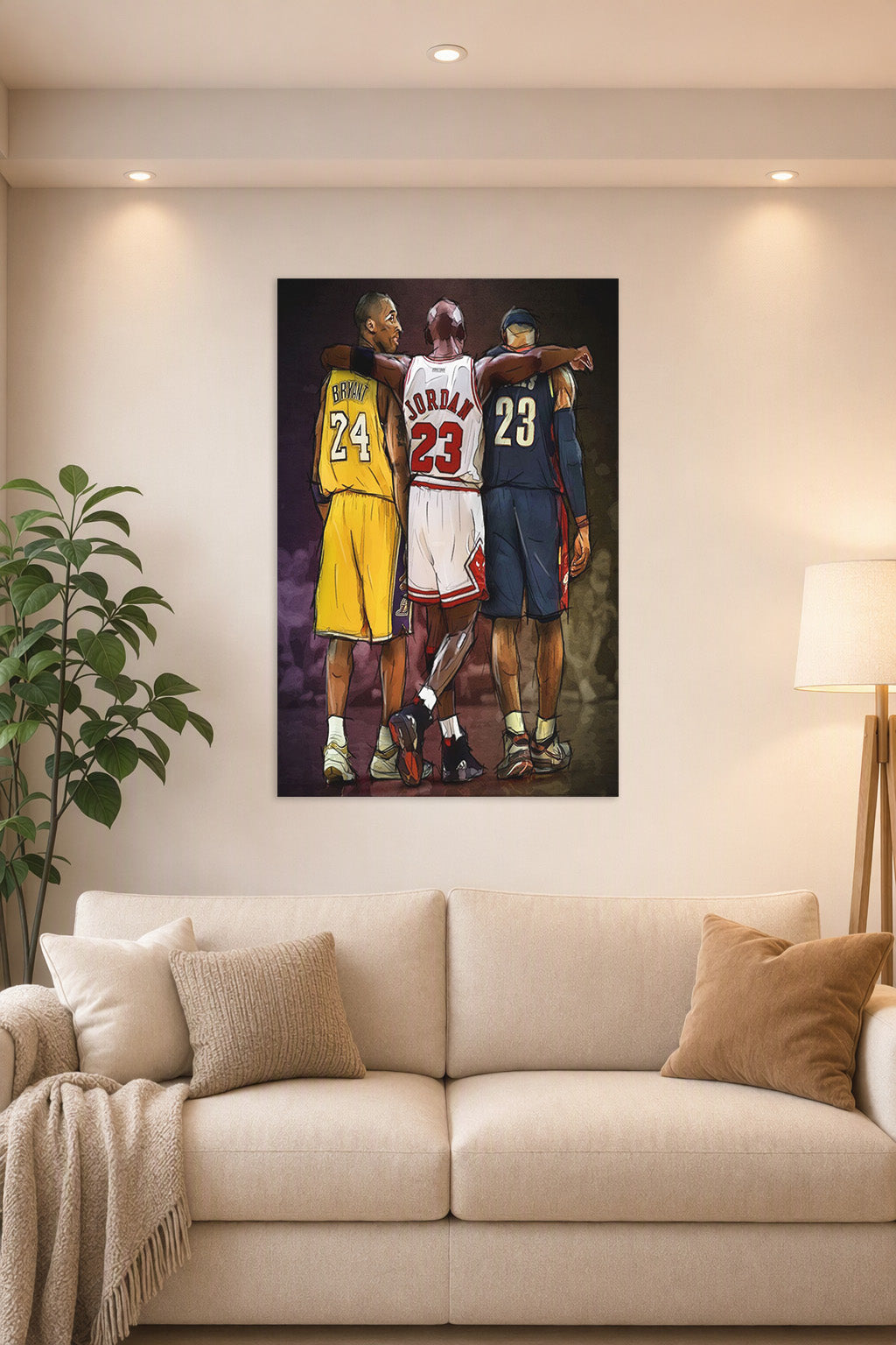 Kobe Bryant Michael Jordan LeBron James Basketball Legends in a bright living room above a beige sofa.
