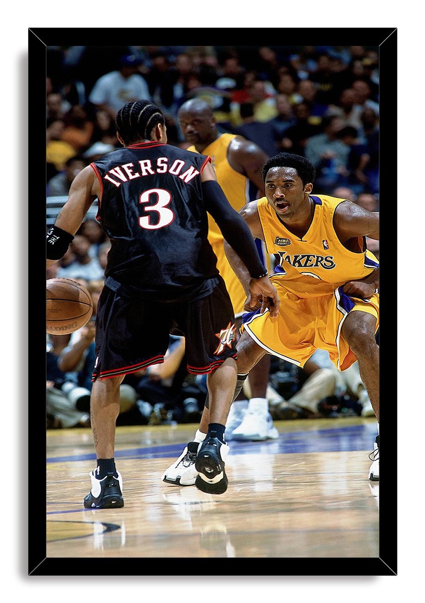 Framed wall art print features Allen Iverson facing Kobe Bryant on a basketball court, with Shaquille O'Neal and spectators in the background.