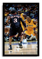 Framed wall art print features Allen Iverson facing Kobe Bryant on a basketball court, with Shaquille O'Neal and spectators in the background.