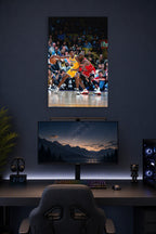 Kobe Bryant and Michael Jordan in a gaming desk setup above a monitor.