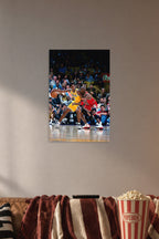 Kobe Bryant and Michael Jordan in a cozy movie room above a brown sofa with popcorn.