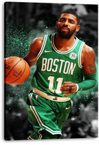 Kyrie Irving canvas wall art print features the player in a green Boston 11 jersey carrying a basketball against a dark teal splatter backdrop.