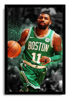 Kyrie Irving framed wall art print portrays the player dribbling in a green Boston number 11 jersey, surrounded by teal splashes.