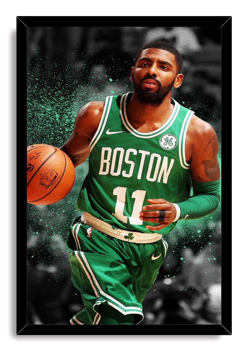 Kyrie Irving framed wall art print depicts the player in green Boston number 11 gear with a basketball, set against black and teal spray effects.