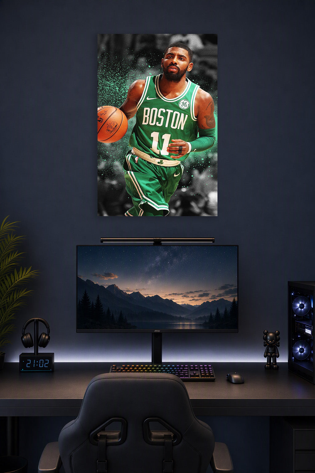 Kyrie Irving in a gaming desk setup above a monitor.