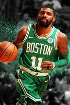 Kyrie Irving poster depicts the basketball player in a green Boston number 11 jersey dribbling amid teal paint splatter.
