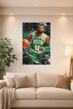 Kyrie Irving in a bright living room above a beige sofa.