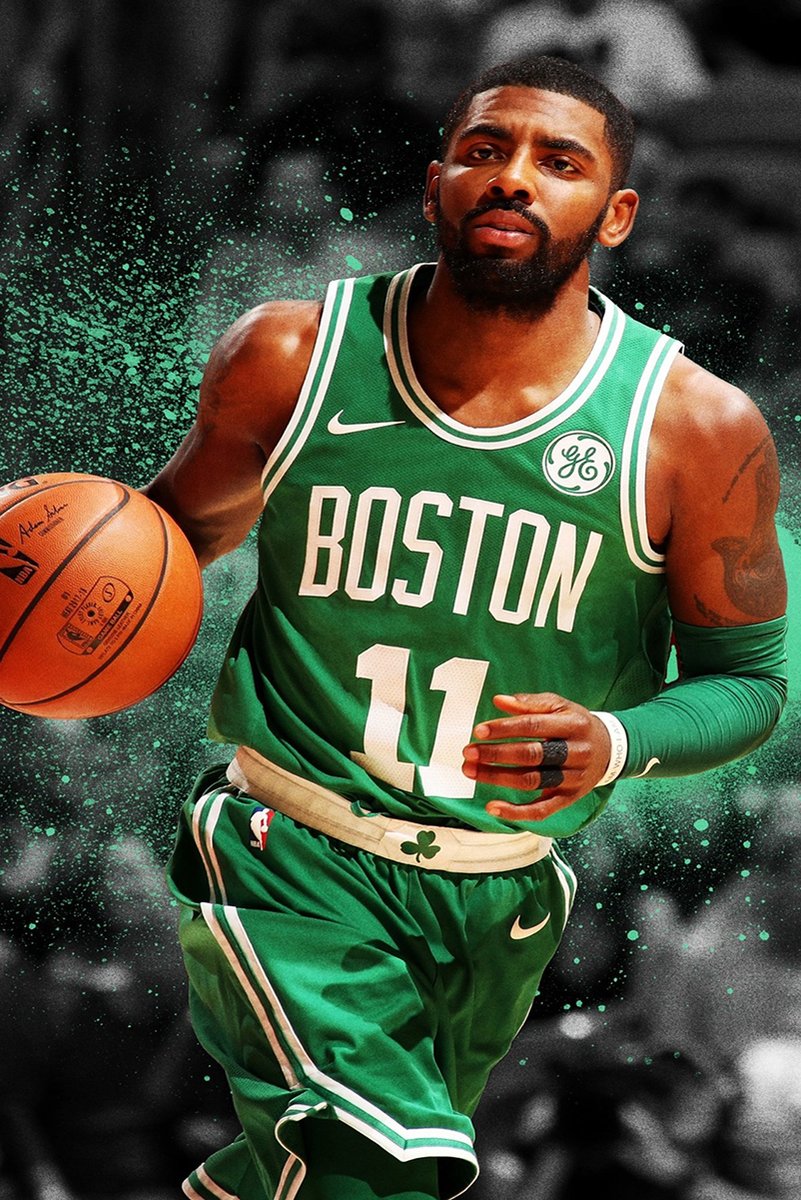 Kyrie Irving wall art print portrays the basketball player running with a ball in a green Boston number 11 uniform amid teal paint splashes.