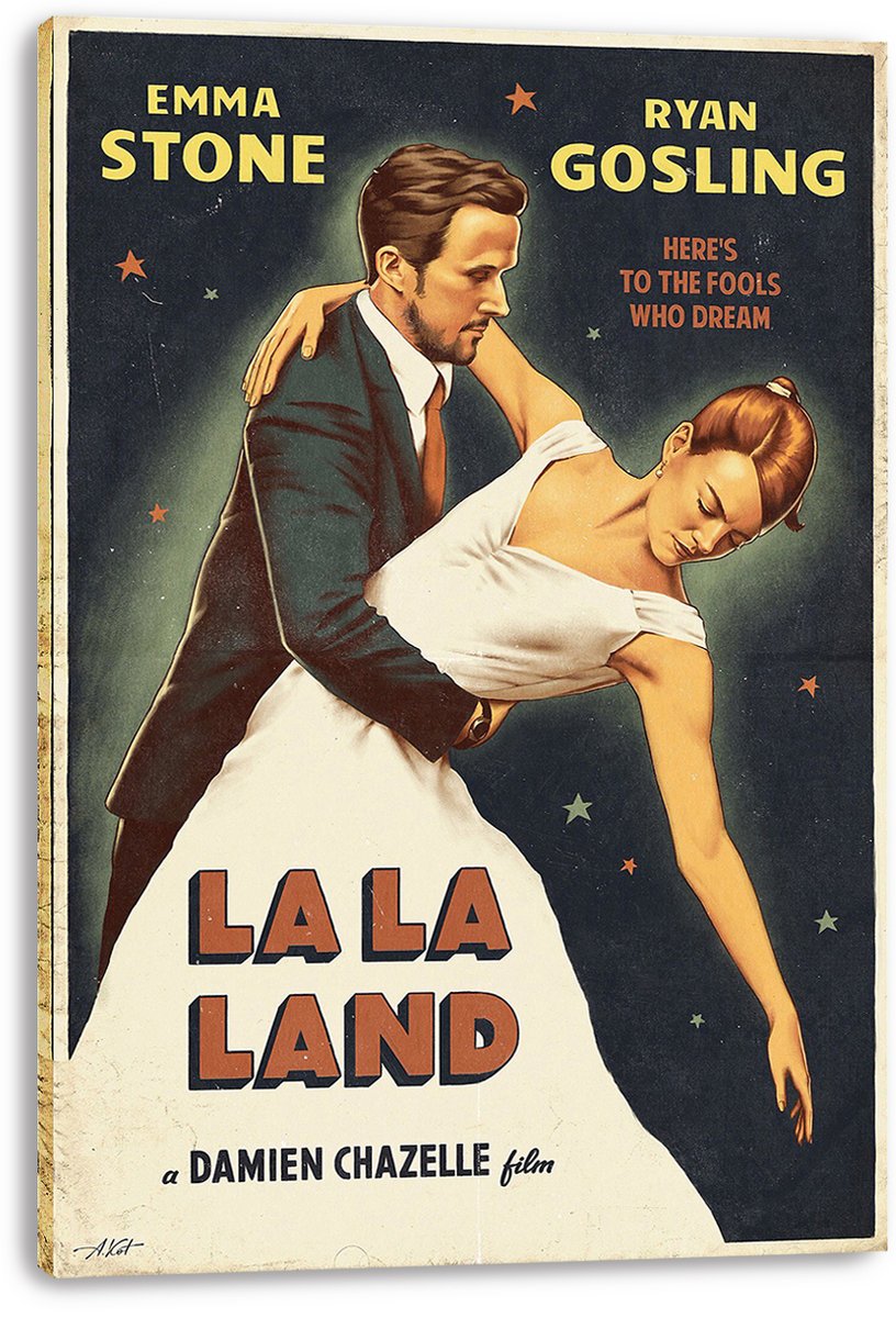 La La Land canvas wall art print with Emma Stone and Ryan Gosling dancing, vintage typography, and colorful stars.