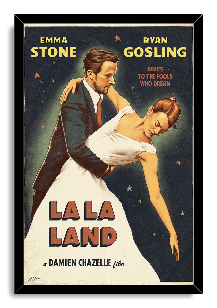 Framed La La Land wall art print portraying Emma Stone and Ryan Gosling in a ballroom dip with retro film text.
