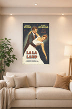 La La Land Emma Stone Ryan Gosling in a bright living room above a beige sofa.