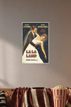 La La Land Emma Stone Ryan Gosling in a cozy movie room above a brown sofa with popcorn.