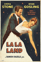 La La Land poster featuring Emma Stone and Ryan Gosling in a dance dip against a dark starry background.