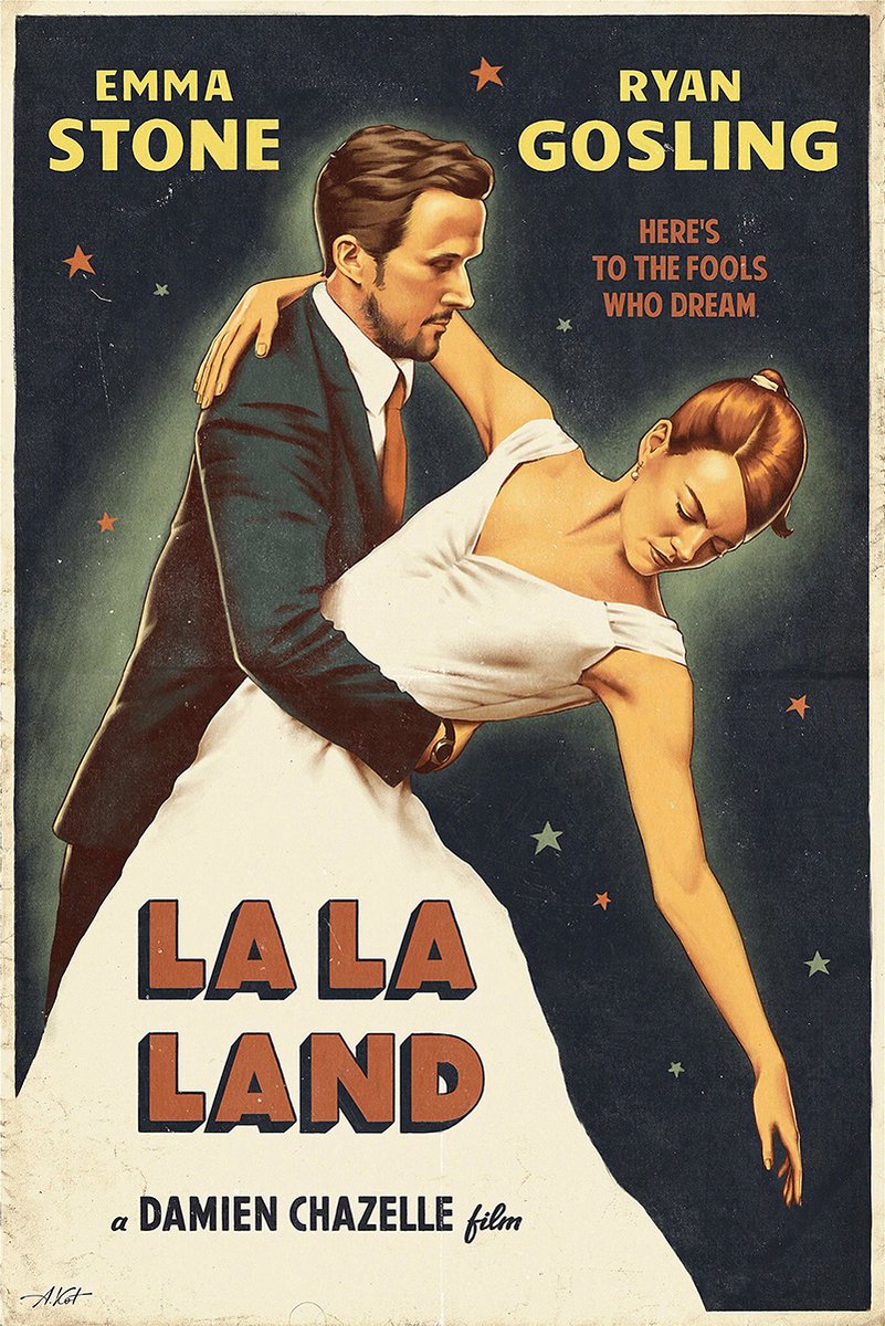 La La Land poster featuring Emma Stone and Ryan Gosling in a dance dip against a dark starry background.