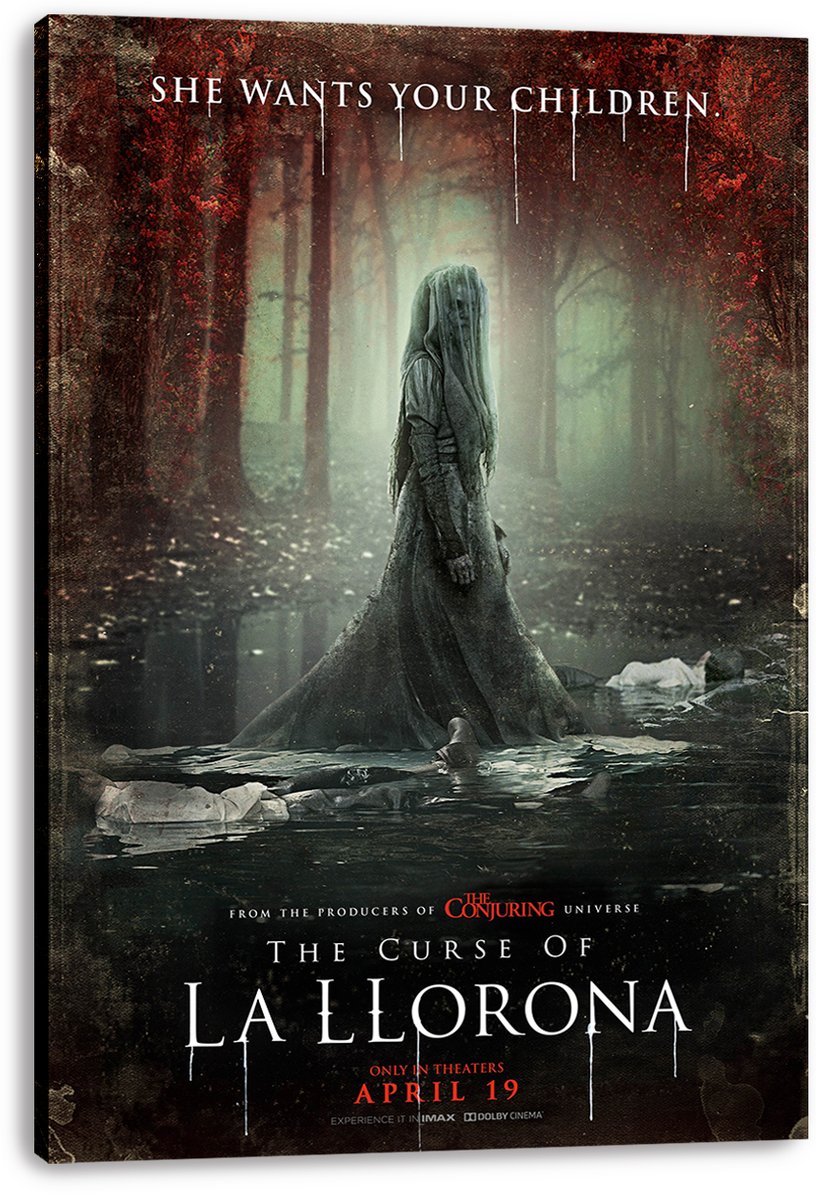 La Llorona canvas wall art print features a ghostly veiled woman beside dark water beneath the text “She Wants Your Children.