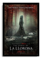 La Llorona framed wall art print presents a spectral woman in a green-gray woodland pool, with red leaves and dramatic film typography.