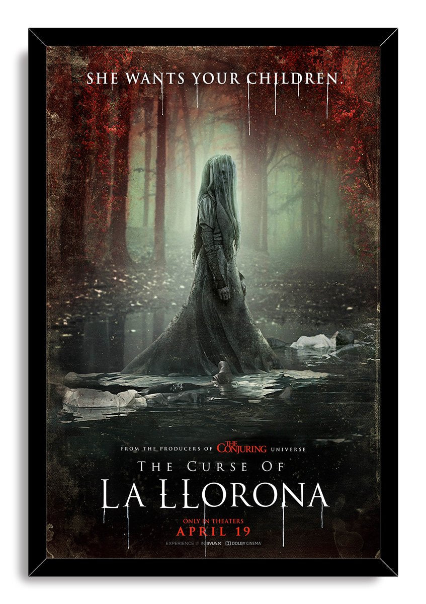 La Llorona framed wall art print presents a spectral woman in a green-gray woodland pool, with red leaves and dramatic film typography.