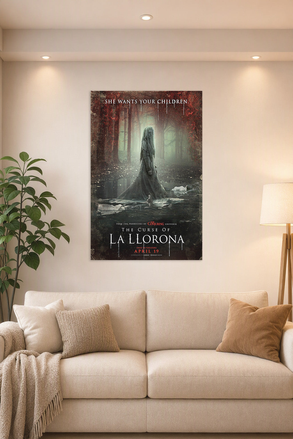 La Llorona Horror Movie in a bright living room above a beige sofa.