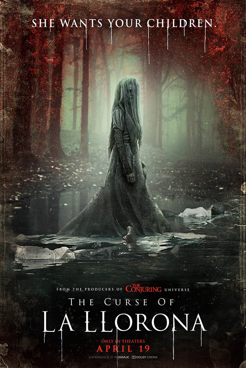 La Llorona horror movie poster depicts a veiled woman in a misty forest pool, surrounded by red foliage and floating figures.