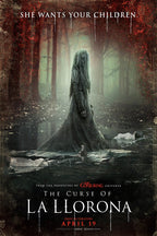 La Llorona horror movie poster depicts a veiled woman in a misty forest pool, surrounded by red foliage and floating figures.