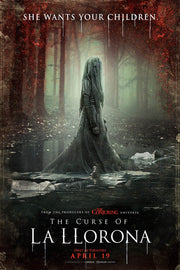 La Llorona horror movie poster depicts a veiled woman in a misty forest pool, surrounded by red foliage and floating figures.