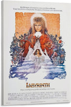 Labyrinth movie poster canvas featuring Jareth holding a glowing orb over Sarah, a castle, and a crowd of colorful creatures.