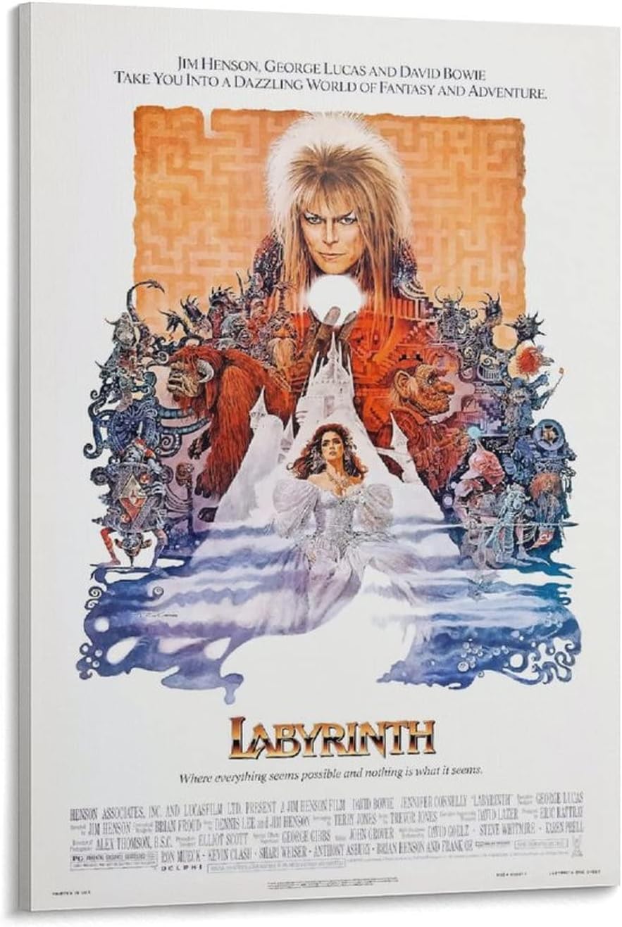 Labyrinth movie poster canvas featuring Jareth holding a glowing orb over Sarah, a castle, and a crowd of colorful creatures.