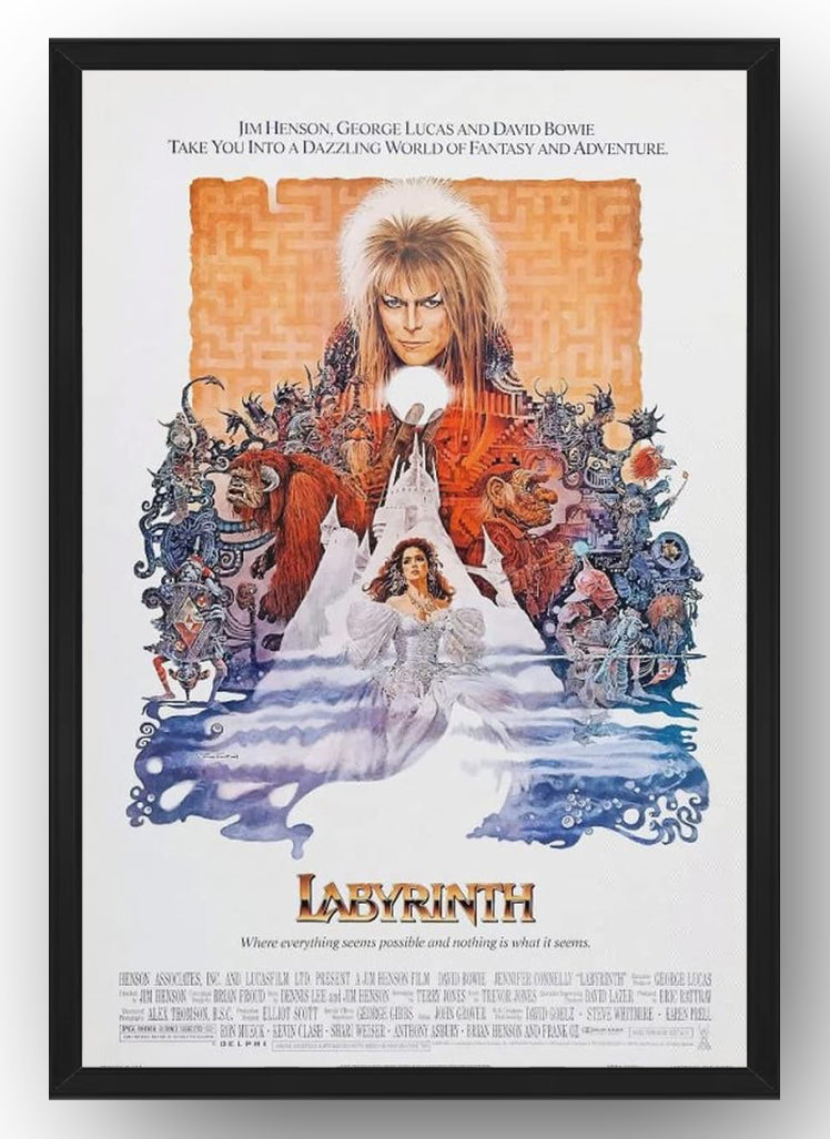 Labyrinth movie poster wall art print in a black frame, with Jareth, Sarah in white, a castle, and fantasy characters.