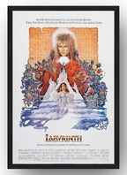 Labyrinth movie poster wall art print in a black frame, with Jareth, Sarah in white, a castle, and fantasy characters.