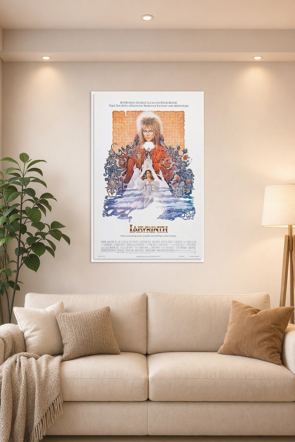 Labyrinth Movie Poster Art and Wall Art Picture in a bright living room above a beige sofa.