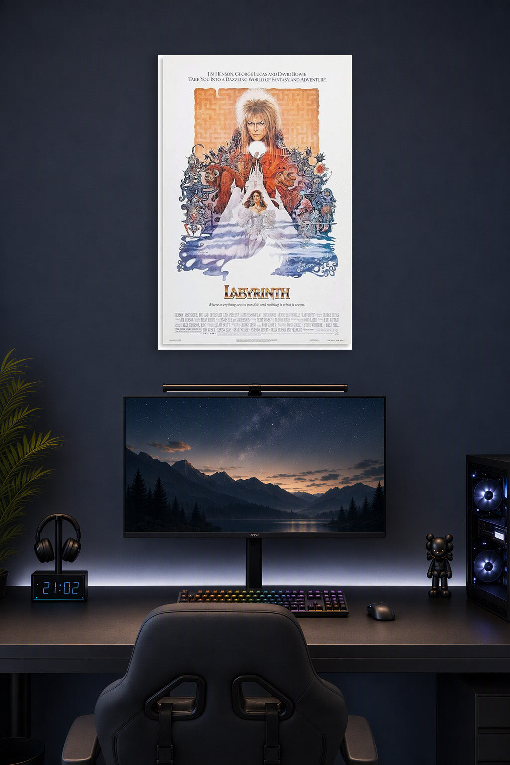 Labyrinth Movie Poster Art and Wall Art Picture in a gaming desk setup above a monitor.