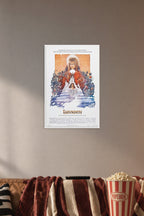 Labyrinth Movie Poster Art and Wall Art Picture in a cozy movie room above a brown sofa with popcorn.