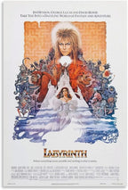 Labyrinth movie poster wall art print with Jareth above Sarah, a white castle, fantasy creatures, and blue waves.