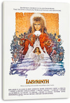 Labyrinth movie poster canvas print featuring Jareth, Sarah in a flowing white gown, a castle, maze, and fantastical creatures.