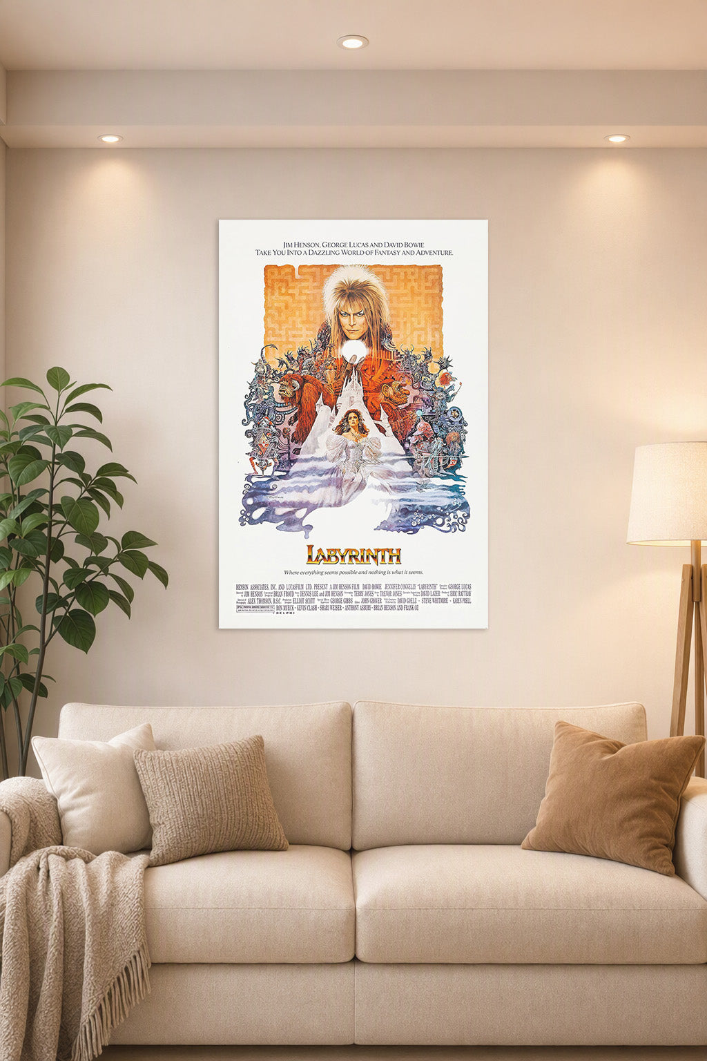 Labyrinth Movie Poster in a bright living room above a beige sofa.