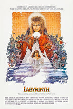 Labyrinth movie poster wall art print with Jareth above Sarah, a white castle, maze, and colorful fantasy creatures.