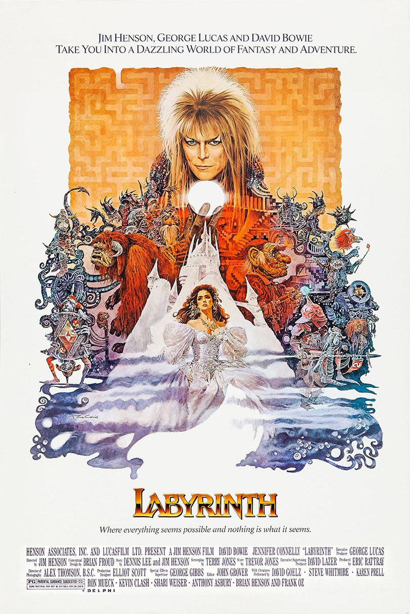 Labyrinth movie poster wall art print with Jareth above Sarah, a white castle, maze, and colorful fantasy creatures.