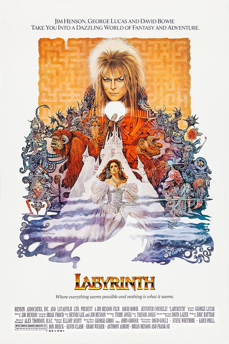 Labyrinth movie poster wall art print with Jareth holding a glowing orb above Sarah, goblins, a castle, and orange maze patterns.