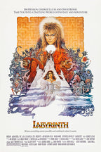 Labyrinth movie poster wall art print with Jareth holding a glowing orb above Sarah, goblins, a castle, and orange maze patterns.