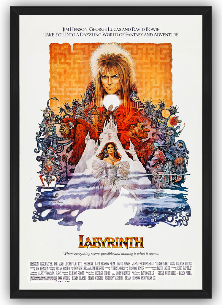 Labyrinth framed wall art print presents Jareth, Sarah, a castle, colorful goblin characters, and orange maze artwork.