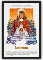 Labyrinth framed wall art print presents Jareth, Sarah, a castle, colorful goblin characters, and orange maze artwork.