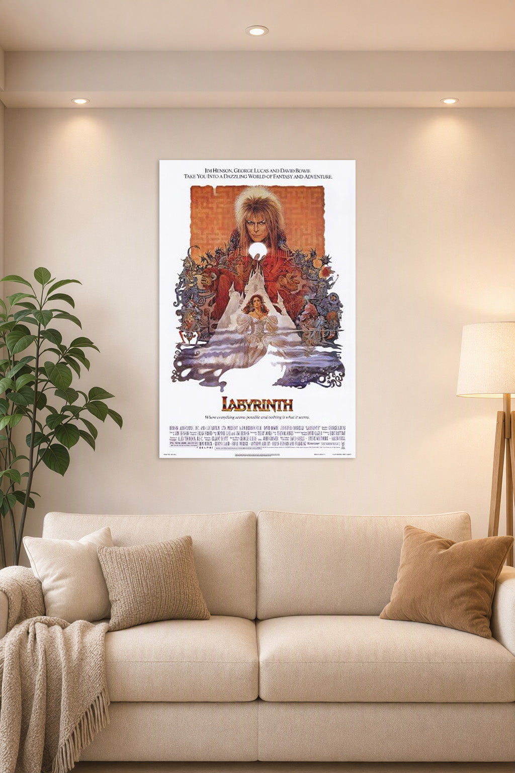 Labyrinth Movie in a bright living room above a beige sofa.
